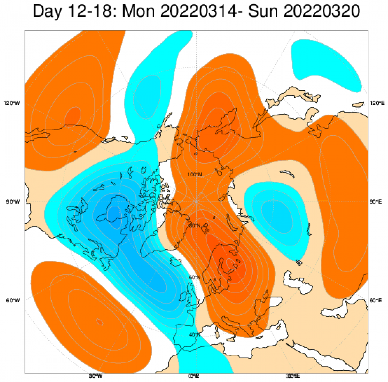 Le anomalie di geopotenziale in Europa secondo il modello ECMWF, mediate nel periodo 14-20 marzo