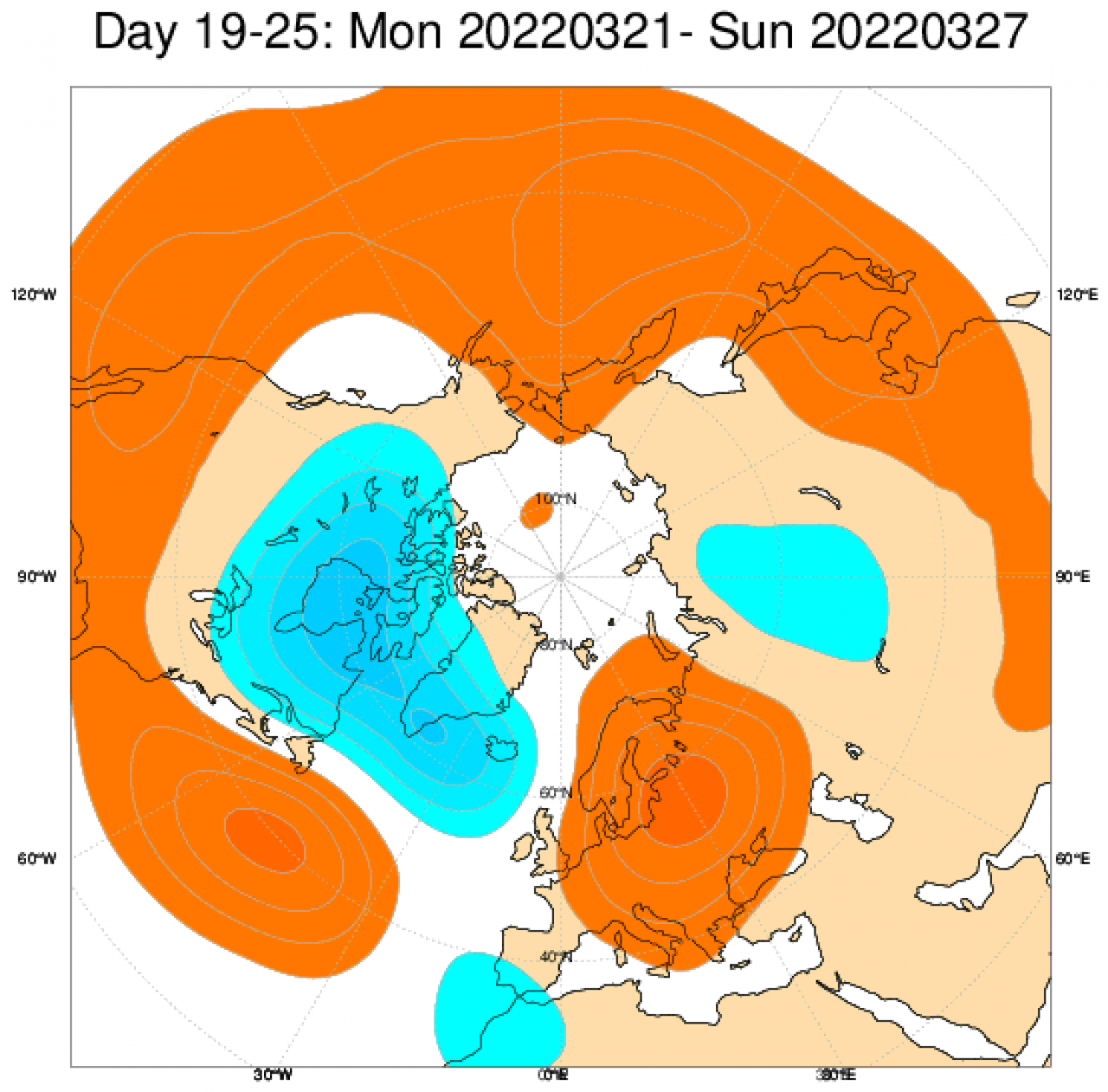 Le anomalie di geopotenziale in Europa secondo il modello ECMWF, mediate nel periodo 21-27 marzo