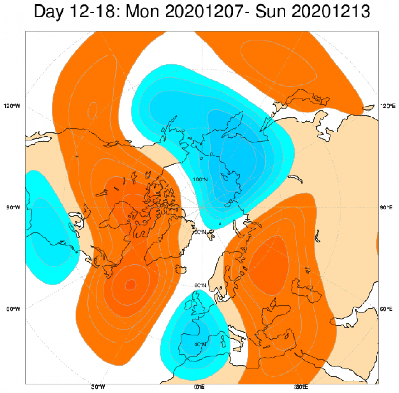 Le anomalie di geopotenziale in Europa, secondo il modello ECMWF, mediate nel periodo 7-13 dicembre