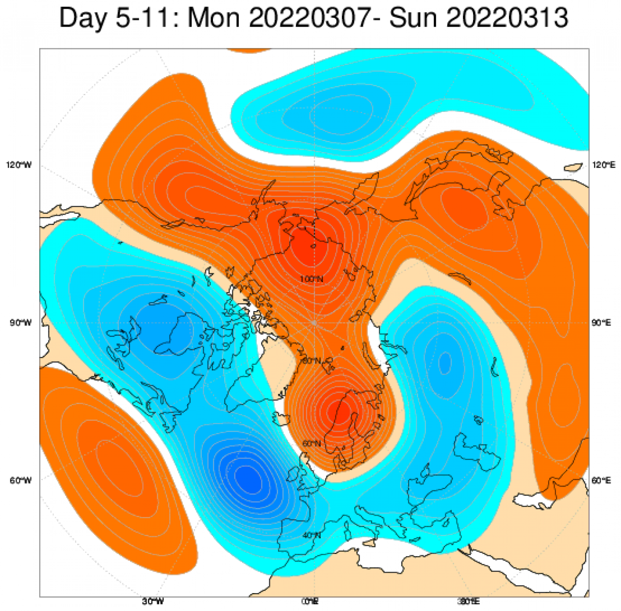 Le anomalie di geopotenziale in Europa secondo il modello ECMWF, mediate nel periodo 7-13 marzo