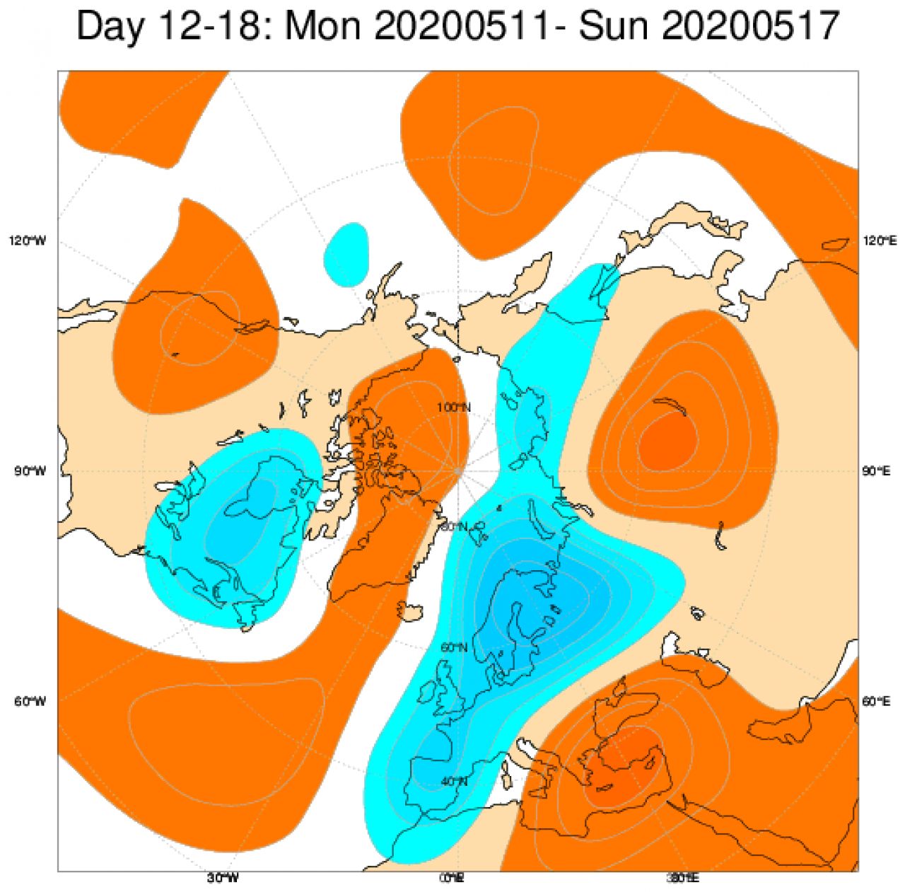Le anomalie di geopotenziale mediate sul periodo 11-18 maggio secondo il modello ECMWF