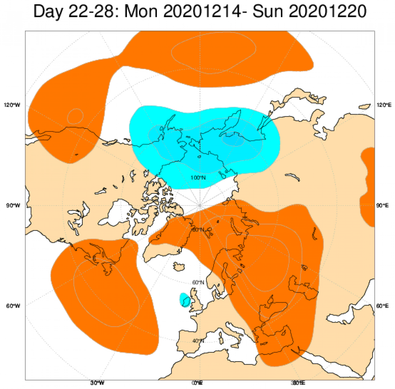 Le anomalie di geopotenziale secondo il modello ECMWF in Europa, mediate nel periodo 14-20 dicembre