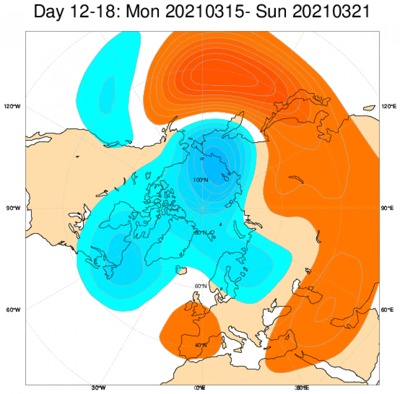 Le anomalie di geopotenziale secondo il modello ECMWF in Europa mediate nel periodo 15-21 marzo