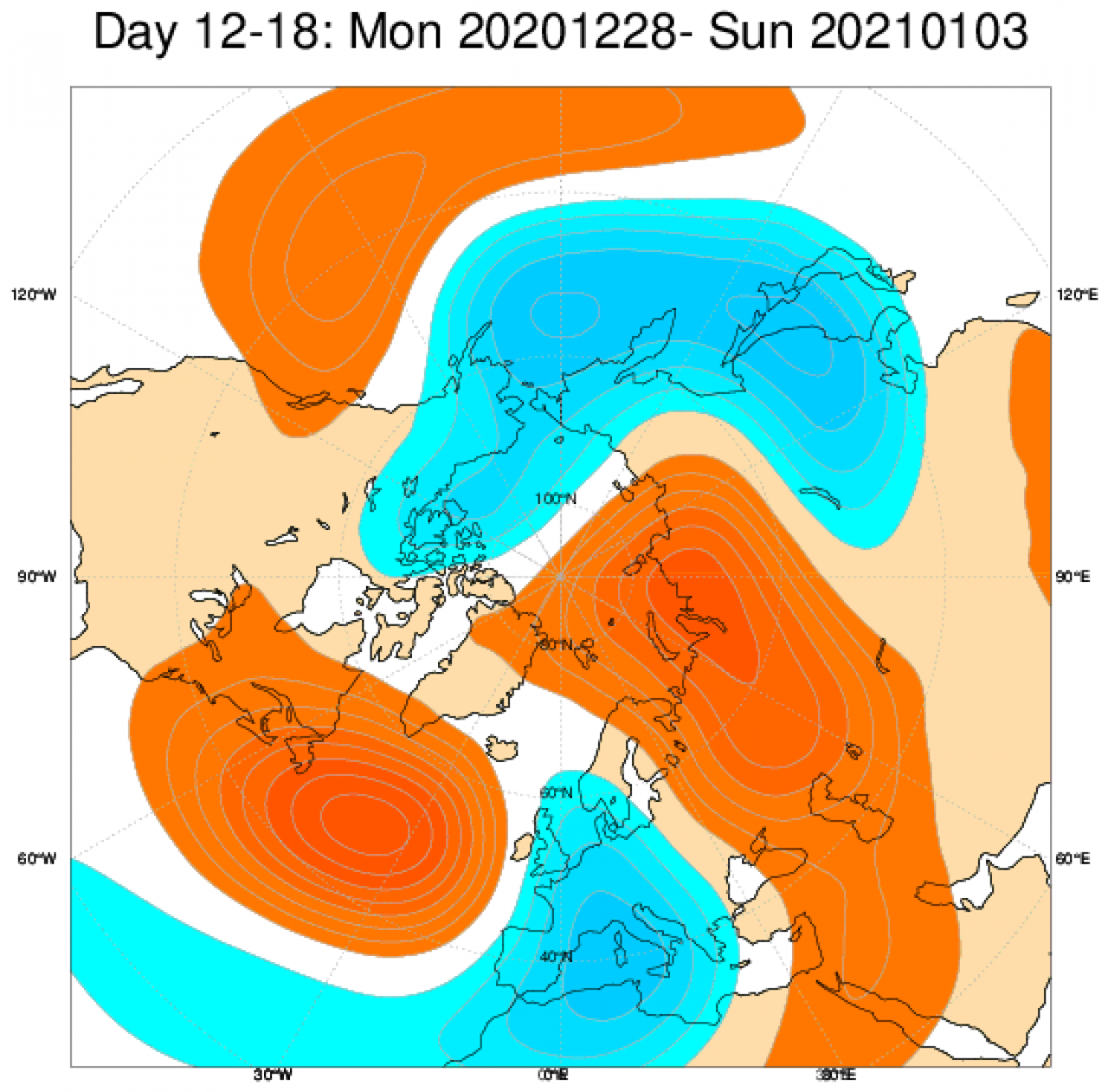 Le anomalie di geopotenziale secondo il modello ECMWF in Europa, mediate nel periodo 28 dicembre - 3 gennaio