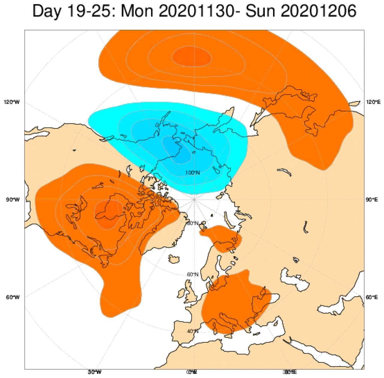 Le anomalie di geopotenziale secondo il modello ECMWF in Europa, mediate nel periodo 30 novembre - 6 dicembre
