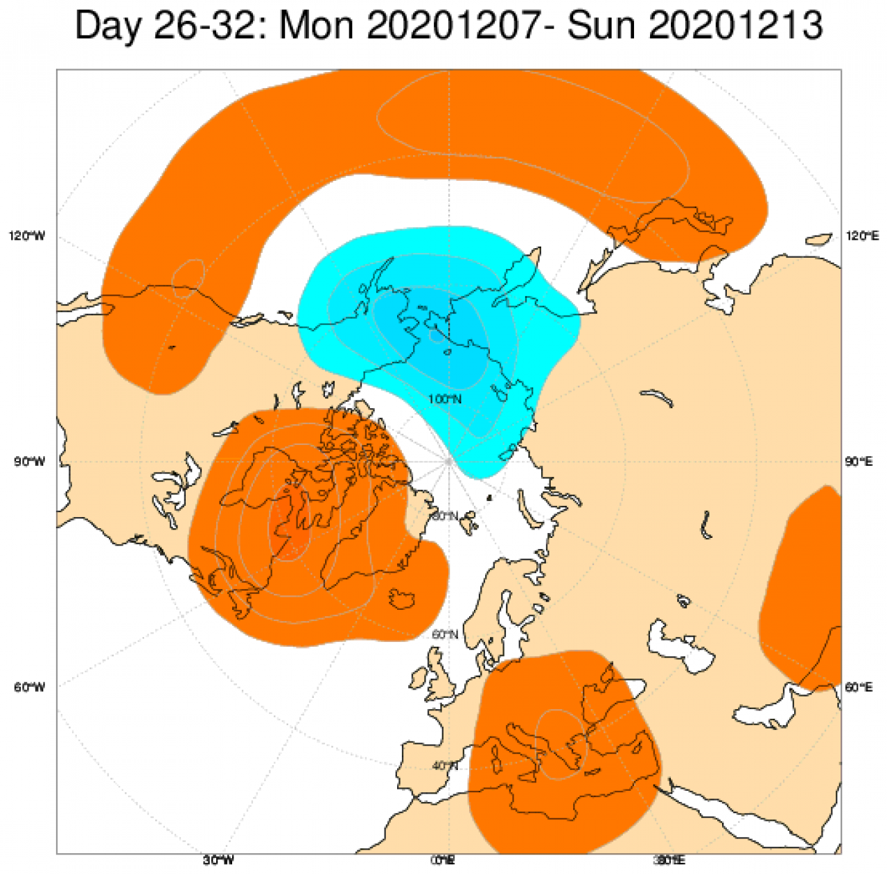 Le anomalie di geopotenziale secondo il modello ECMWF in Europa, mediate nel periodo 7-13 dicembre