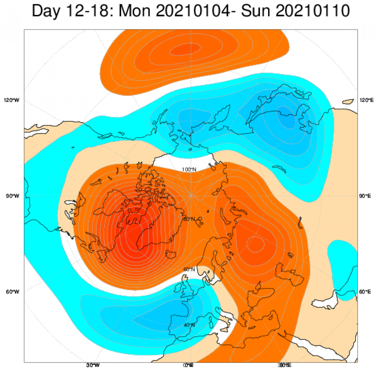Le anomalie di geopotenziale secondo il modello ECMWF mediate nel periodo 4-10 gennaio
