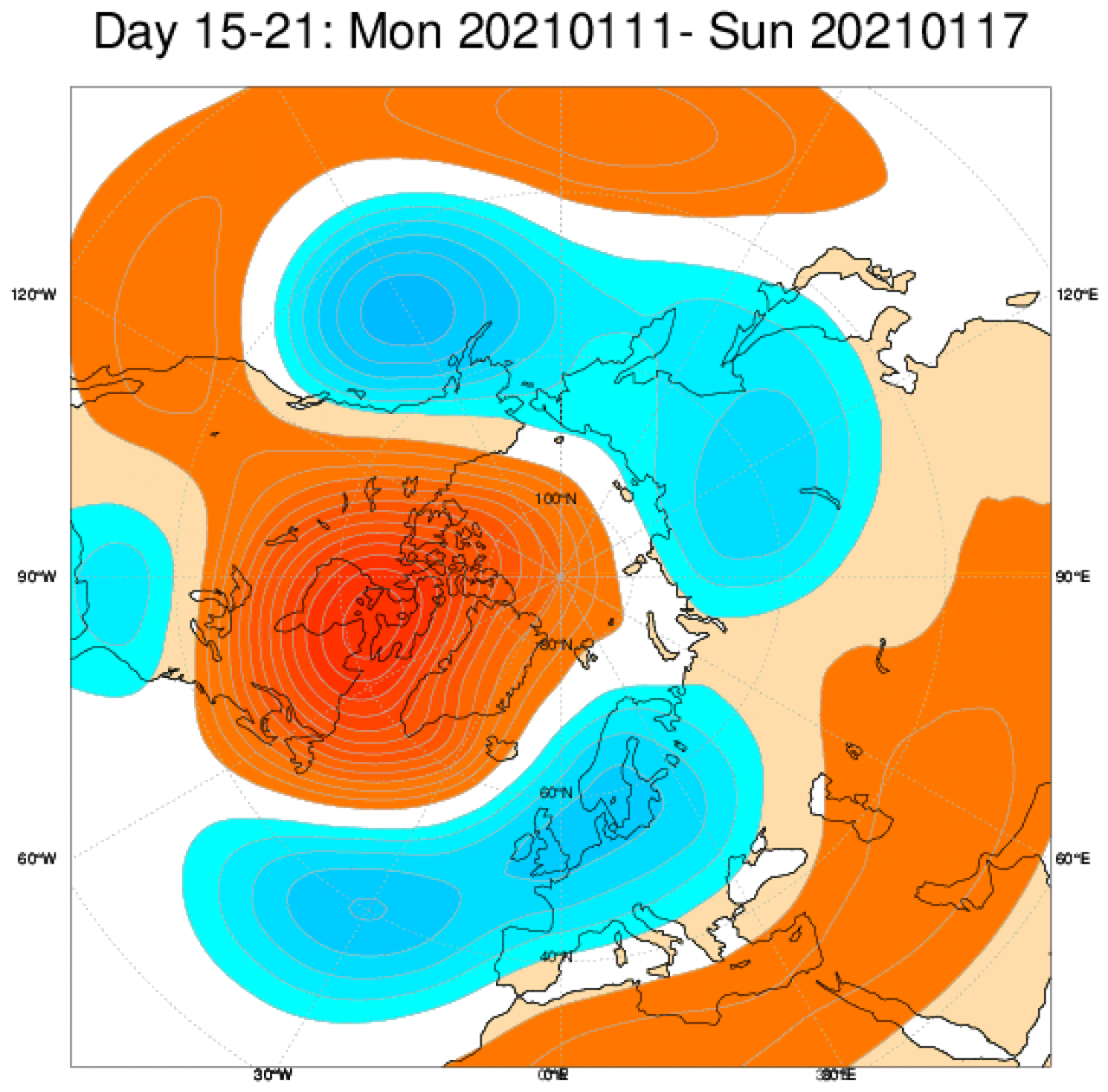  Le anomalie di geopotenziali sull'Europa, secondo il modello ECMWF, mediate sul periodo 11-17 gennaio
