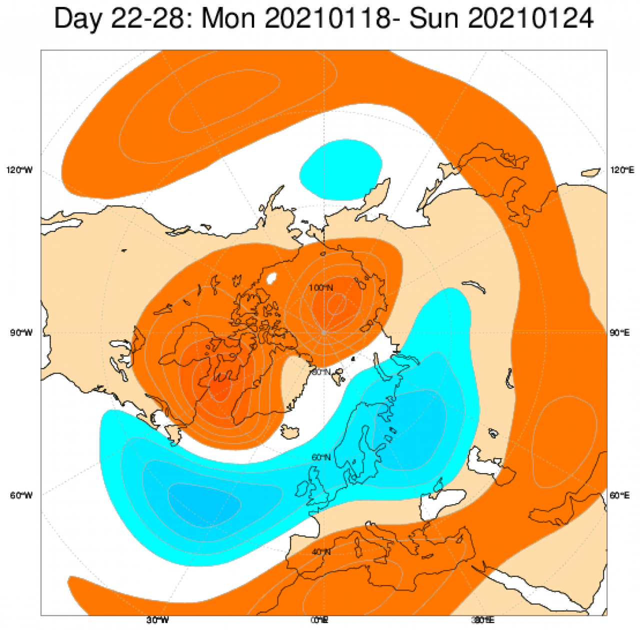  Le anomalie di geopotenziali sull'Europa, secondo il modello ECMWF, mediate sul periodo 18-24 gennaio