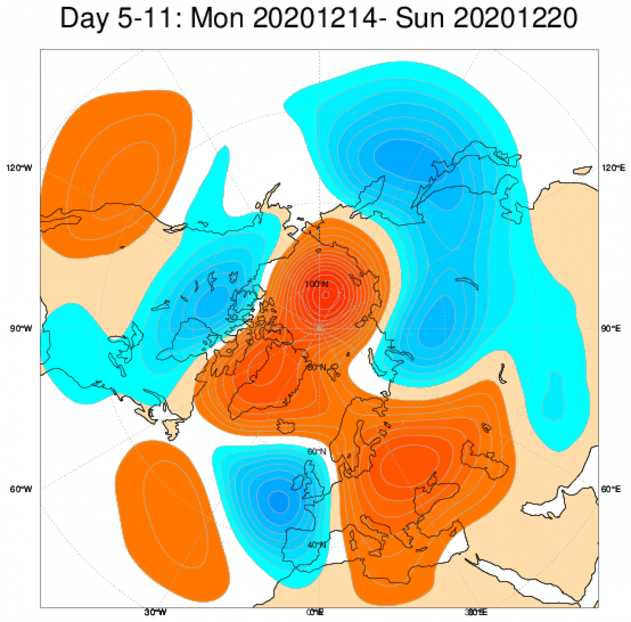 Le anomalie di pressione e geopotenziale in Europa secondo il modello ECMWF, mediate nel periodo 13-20 dicembre