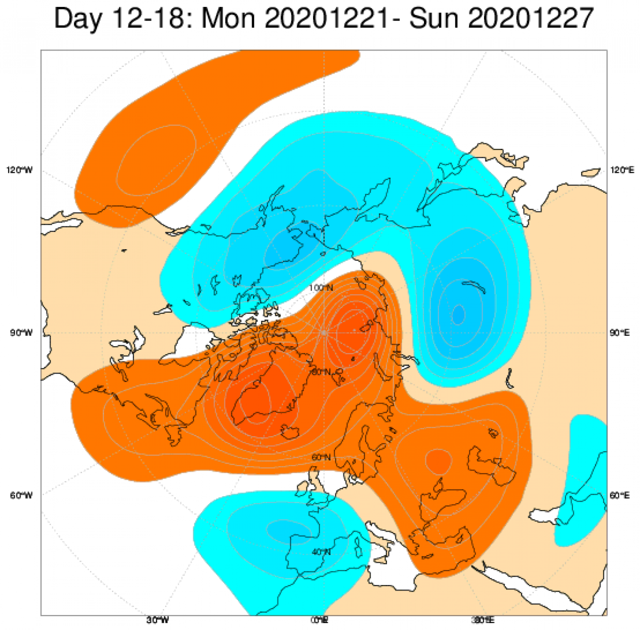 Le anomalie di pressione e geopotenziale in Europa secondo il modello ECMWF, mediate nel periodo 21-27 dicembre