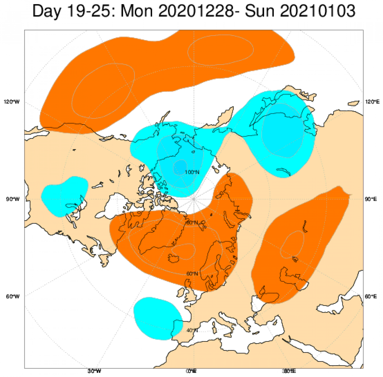 Le anomalie di pressione e geopotenziale in Europa secondo il modello ECMWF, mediate nel periodo 28 dicembre - 3 gennaio 