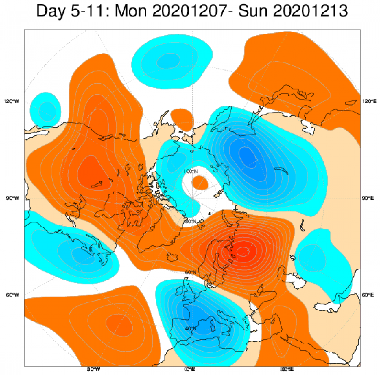 Le anomalie di pressione e geopotenziale secondo il modello ECMWF mediate nel periodo 7-13 dicembre