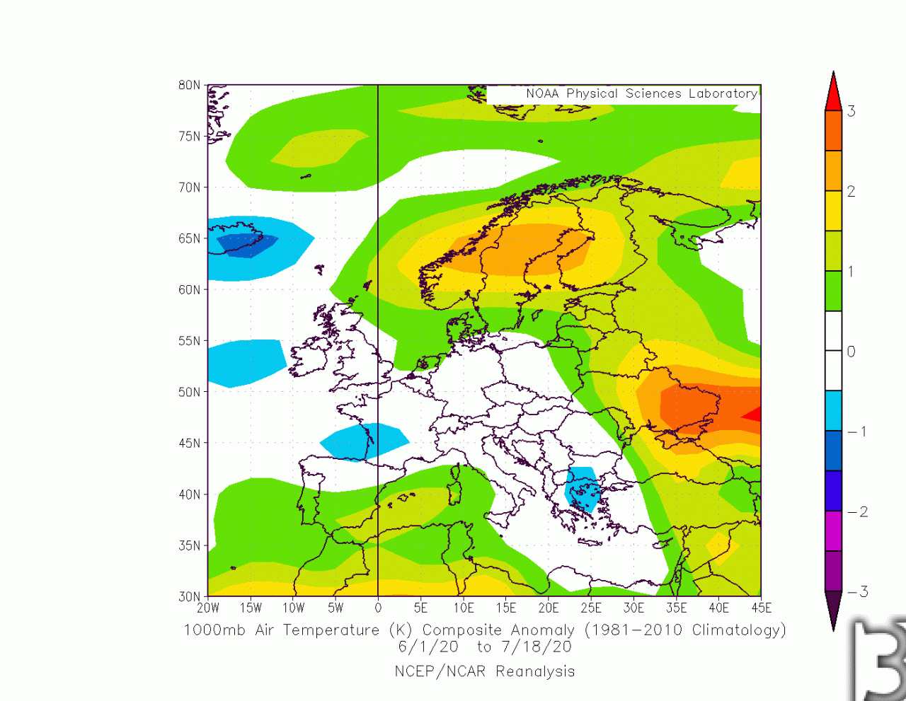 Le anomalie di temperatura a livello del mare mediate sul periodo 1 giugno-18 luglio. Italia generalmente nella media. Fonte NOAA