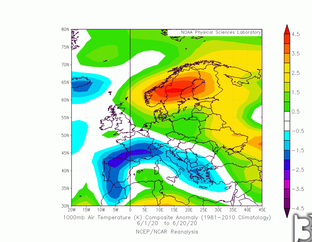 Le anomalie di temperatura a livello del mare mediate sul periodo 1 giugno-20 giugno. Italia anche ben sotto la media. Fonte NOAA