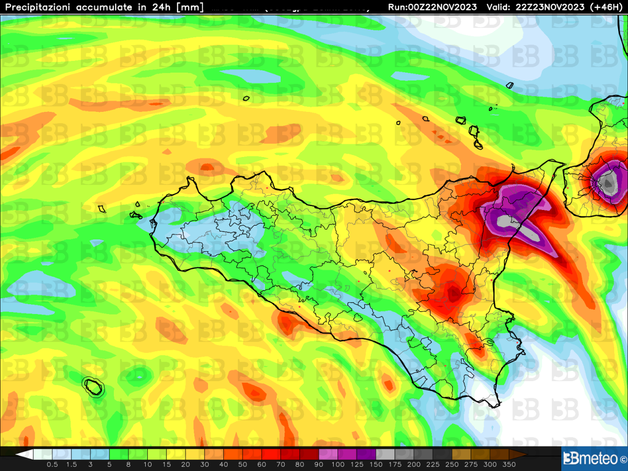  Le precipitazioni complessive previste nella giornata del 22 novembre - Zoom Sicilia