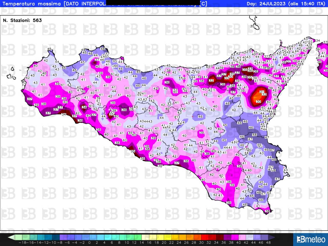 Le temperature massime registrate in Sicilia nel pomeriggio del 24 luglio 2023: picchi record di 45-47°C in provincia di Palermo, fino a 48°C tra la Piana di Catania e il Siracusano interno