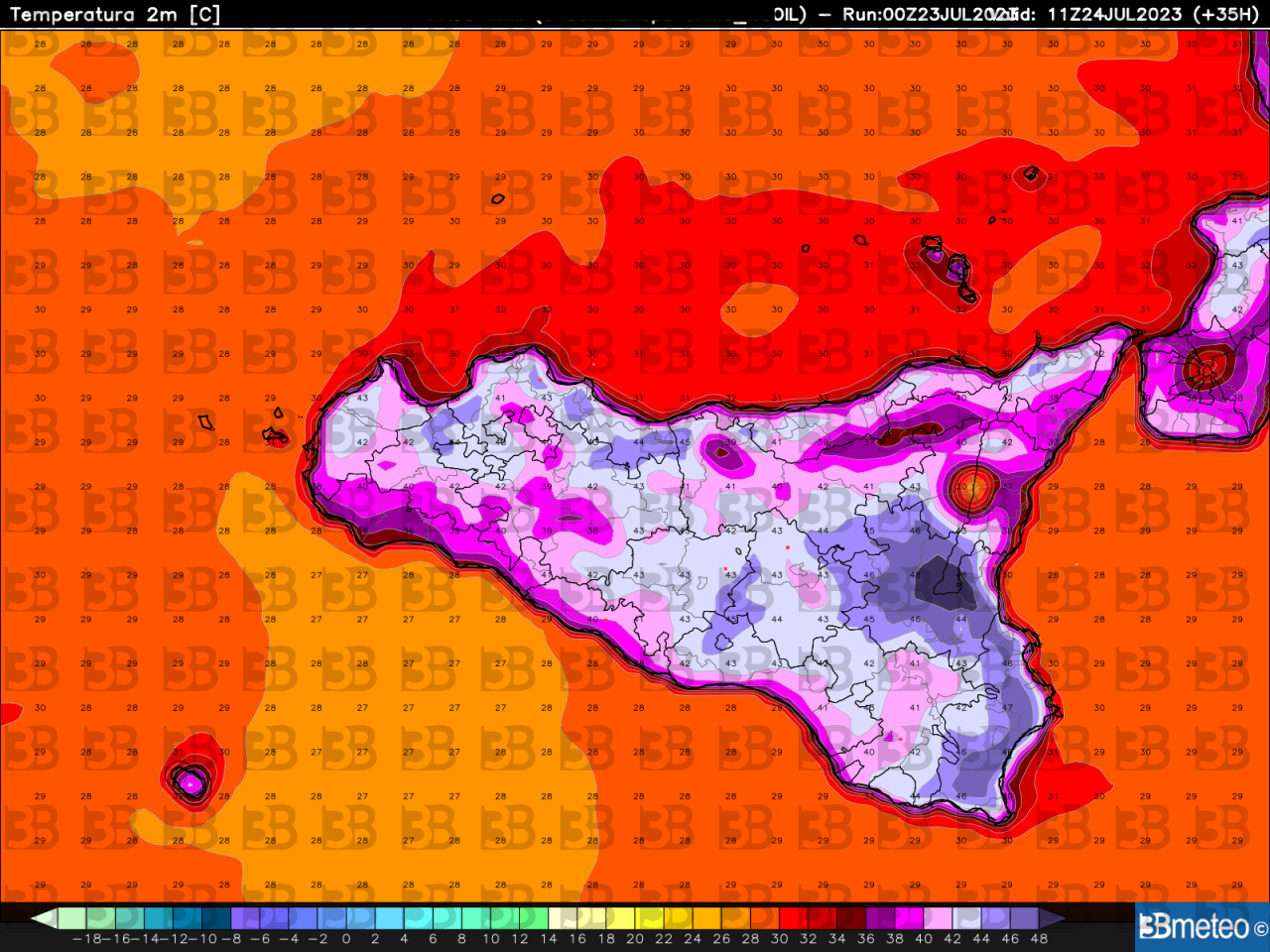 Le temperature massime simulate dal modello numerico di 3bmeteo.com nel pomeriggio di lunedì 24 luglio