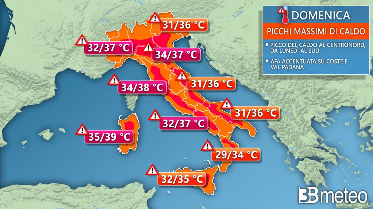 Le temperature previste domenica in Italia