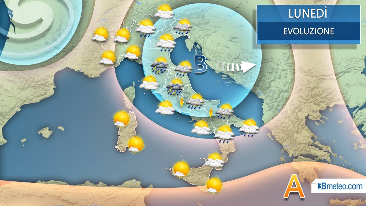 Lunedì vortice in spostamento, ancora temporali e piogge sull'Italia 