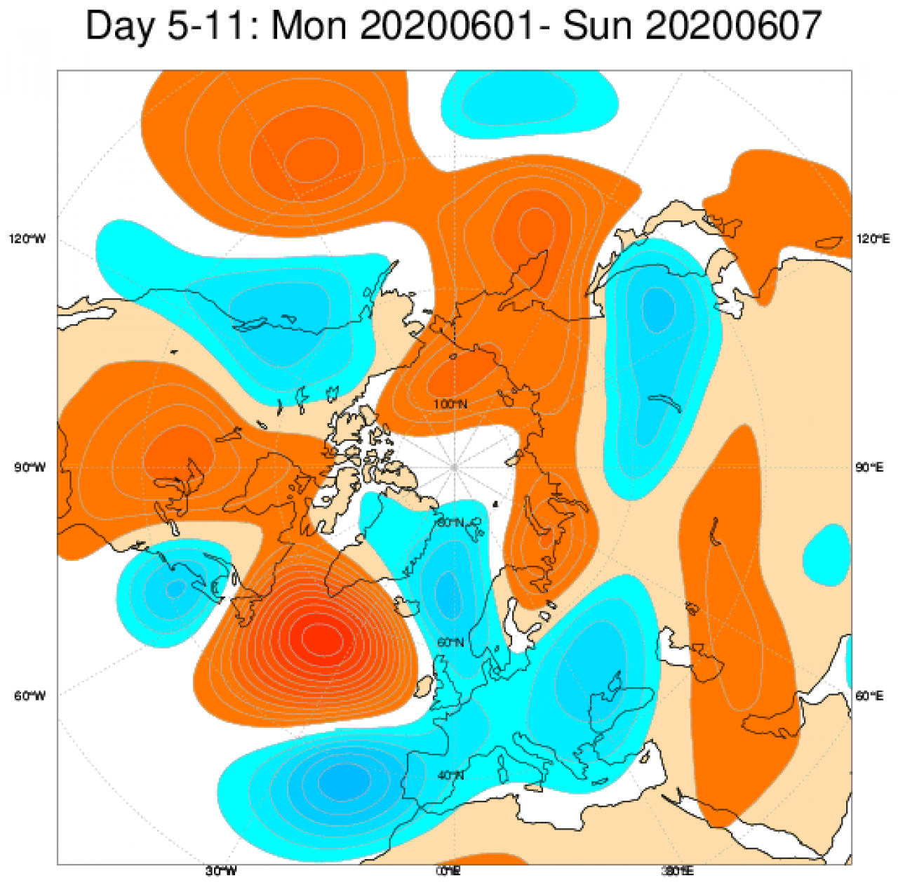 Media di ensemble del modello inglese ECMWF relativa all'anomalia di Altezza di Geopotenziale a 500 hPa (circa 5.500 metri) per il periodo 1-7 giugno 2020
