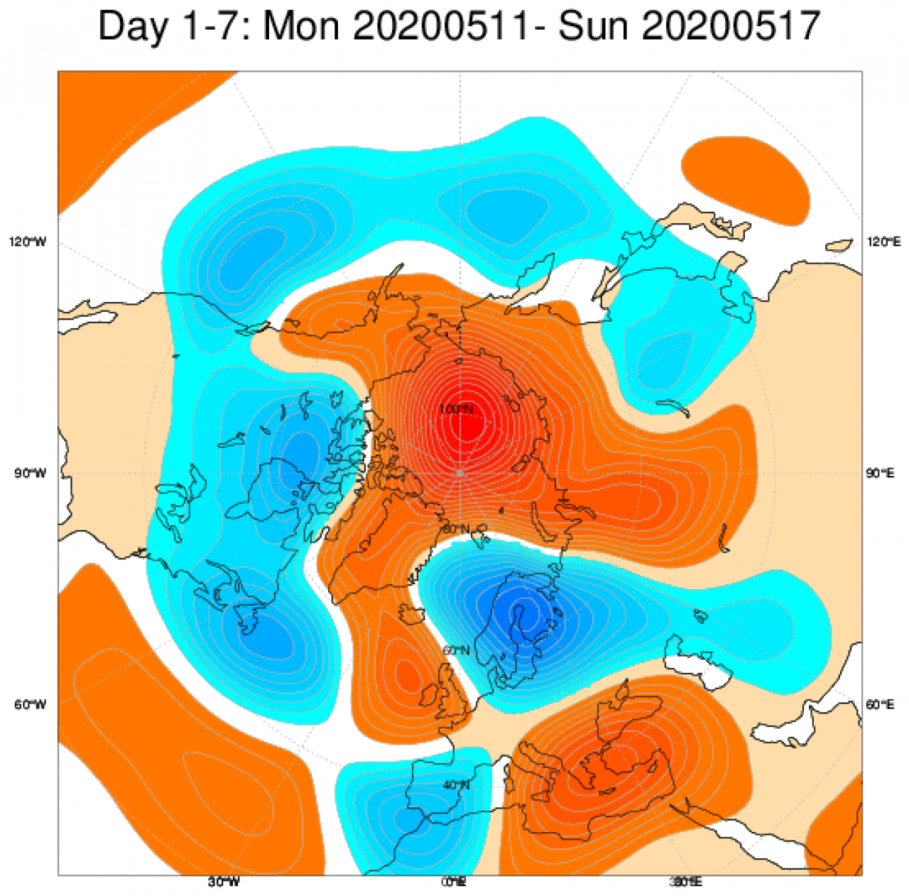 Media di ensemble del modello inglese ECMWF relativa all'anomalia di Altezza di Geopotenziale a 500 hPa (circa 5.500 metri) per il periodo 11-17 maggio 2020