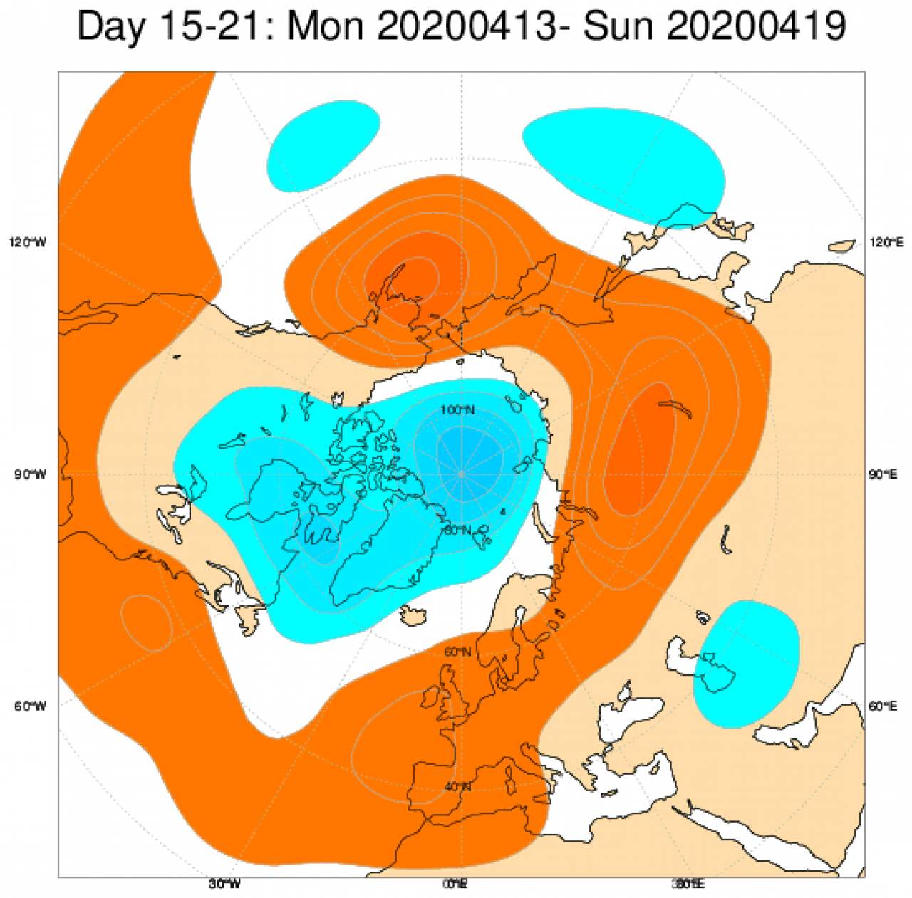 Media di ensemble del modello inglese ECMWF relativa all'anomalia di Altezza di Geopotenziale a 500 hPa (circa 5.500 metri) per il periodo 13-19 aprile 2020 