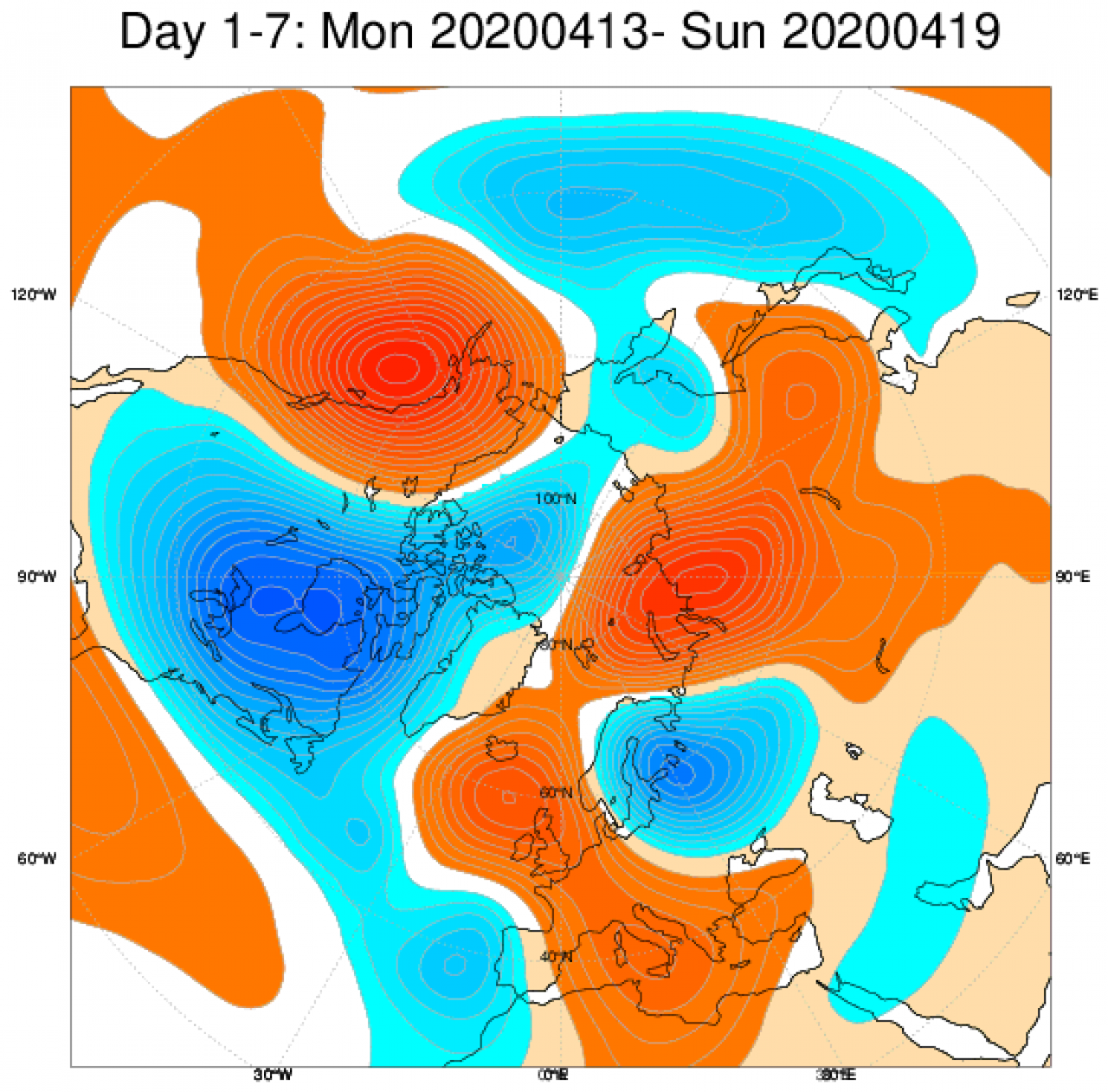 Media di ensemble del modello inglese ECMWF relativa all'anomalia di Altezza di Geopotenziale a 500 hPa (circa 5.500 metri) per il periodo 13-19 aprile 2020