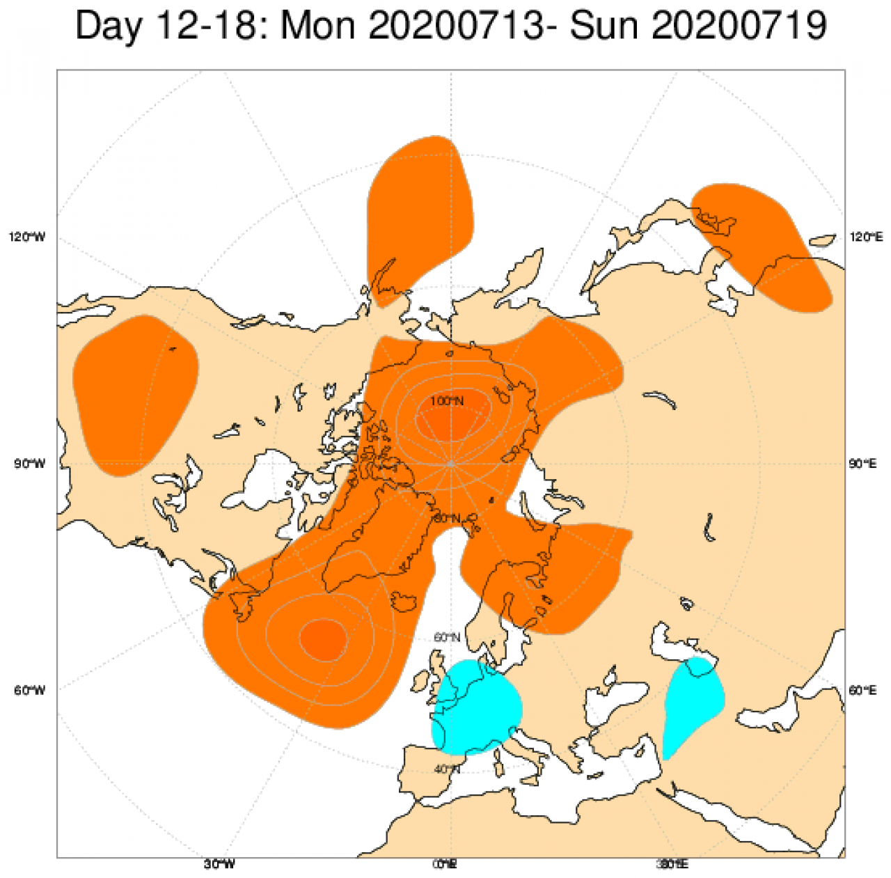 Media di ensemble del modello inglese ECMWF relativa all'anomalia di Altezza di Geopotenziale a 500 hPa (circa 5.500 metri) per il periodo 13-19 luglio 2020 