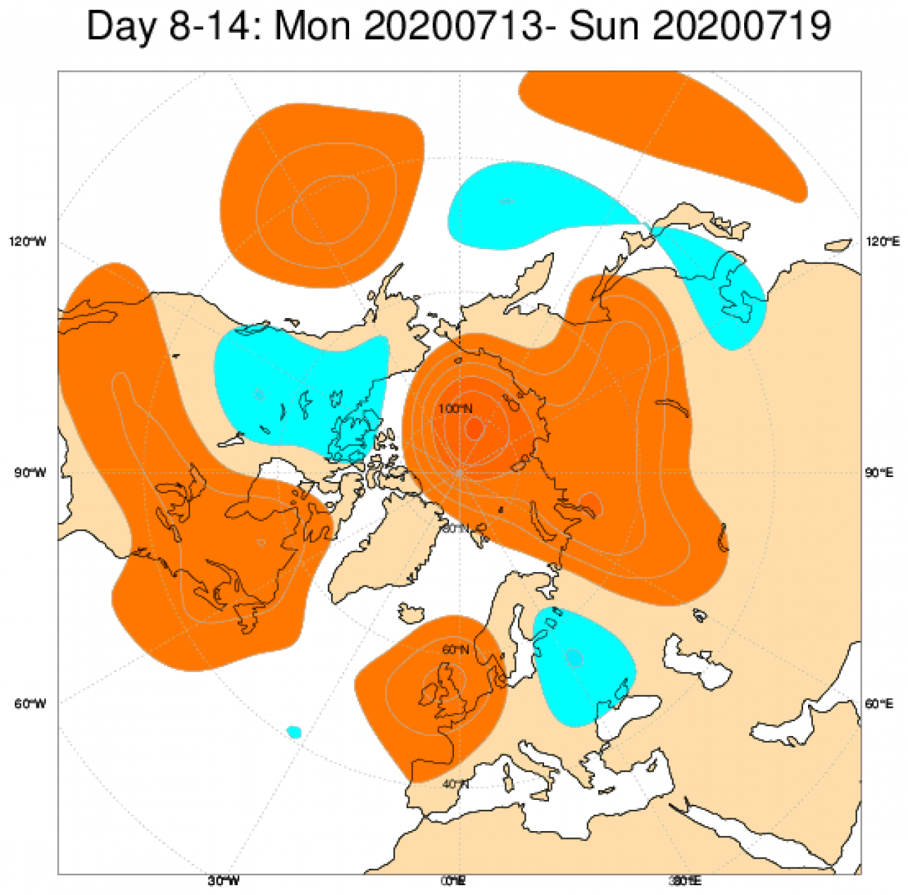Media di ensemble del modello inglese ECMWF relativa all'anomalia di Altezza di Geopotenziale a 500 hPa (circa 5.500 metri) per il periodo 13-19 luglio 2020 