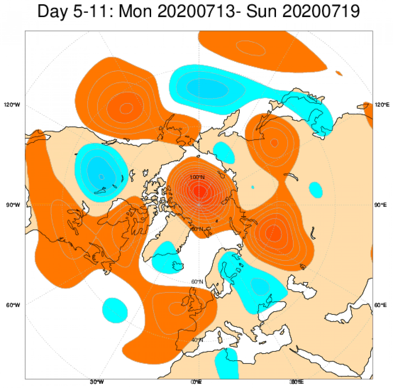 Media di ensemble del modello inglese ECMWF relativa all'anomalia di Altezza di Geopotenziale a 500 hPa (circa 5.500 metri) per il periodo 13-19 luglio 2020