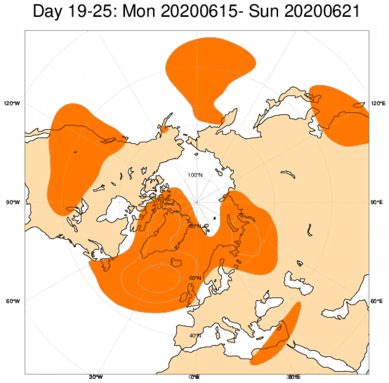 Media di ensemble del modello inglese ECMWF relativa all'anomalia di Altezza di Geopotenziale a 500 hPa (circa 5.500 metri) per il periodo 15-21 giugno 2020 