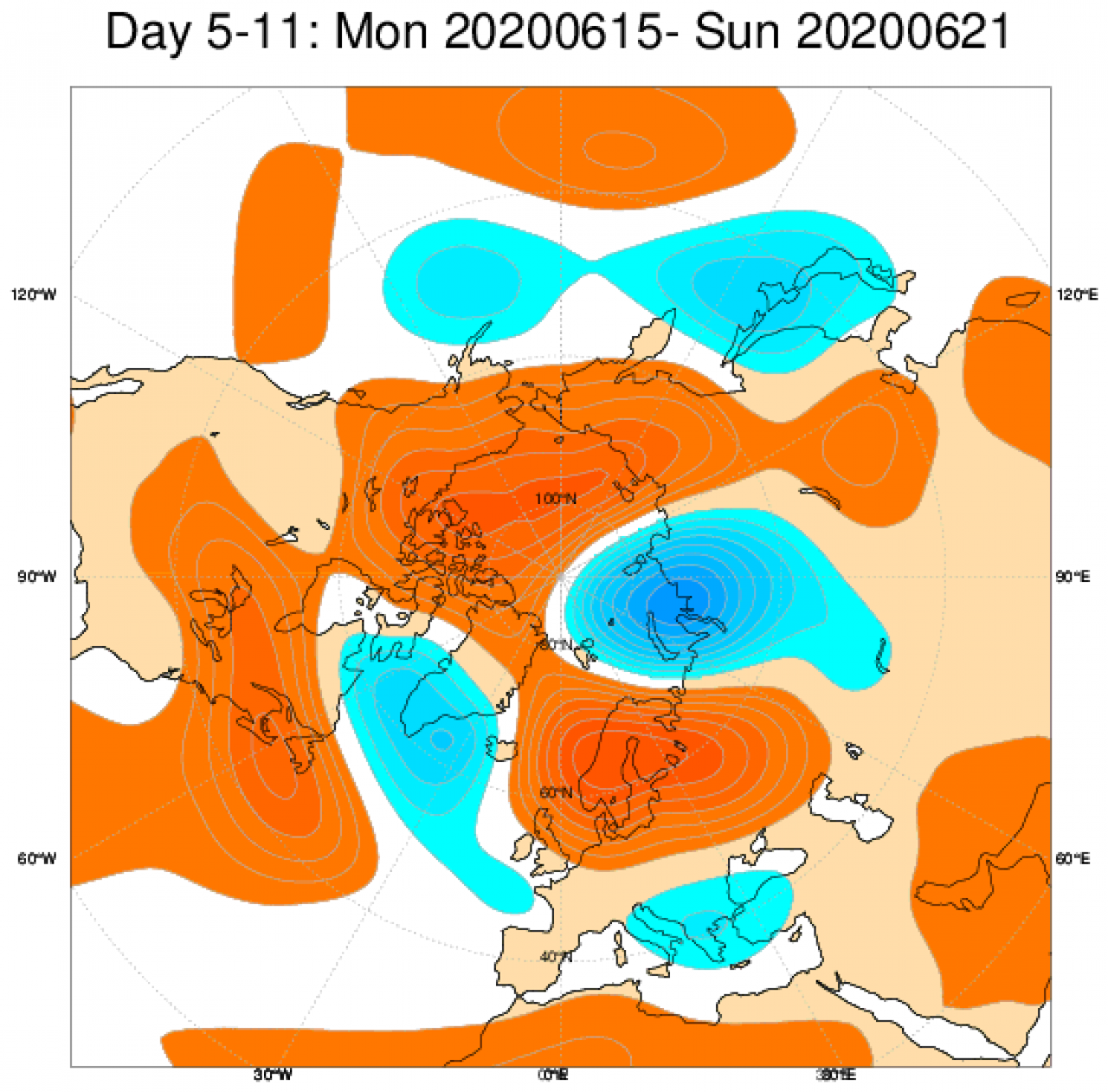 Media di ensemble del modello inglese ECMWF relativa all'anomalia di Altezza di Geopotenziale a 500 hPa (circa 5.500 metri) per il periodo 15-21 giugno 2020