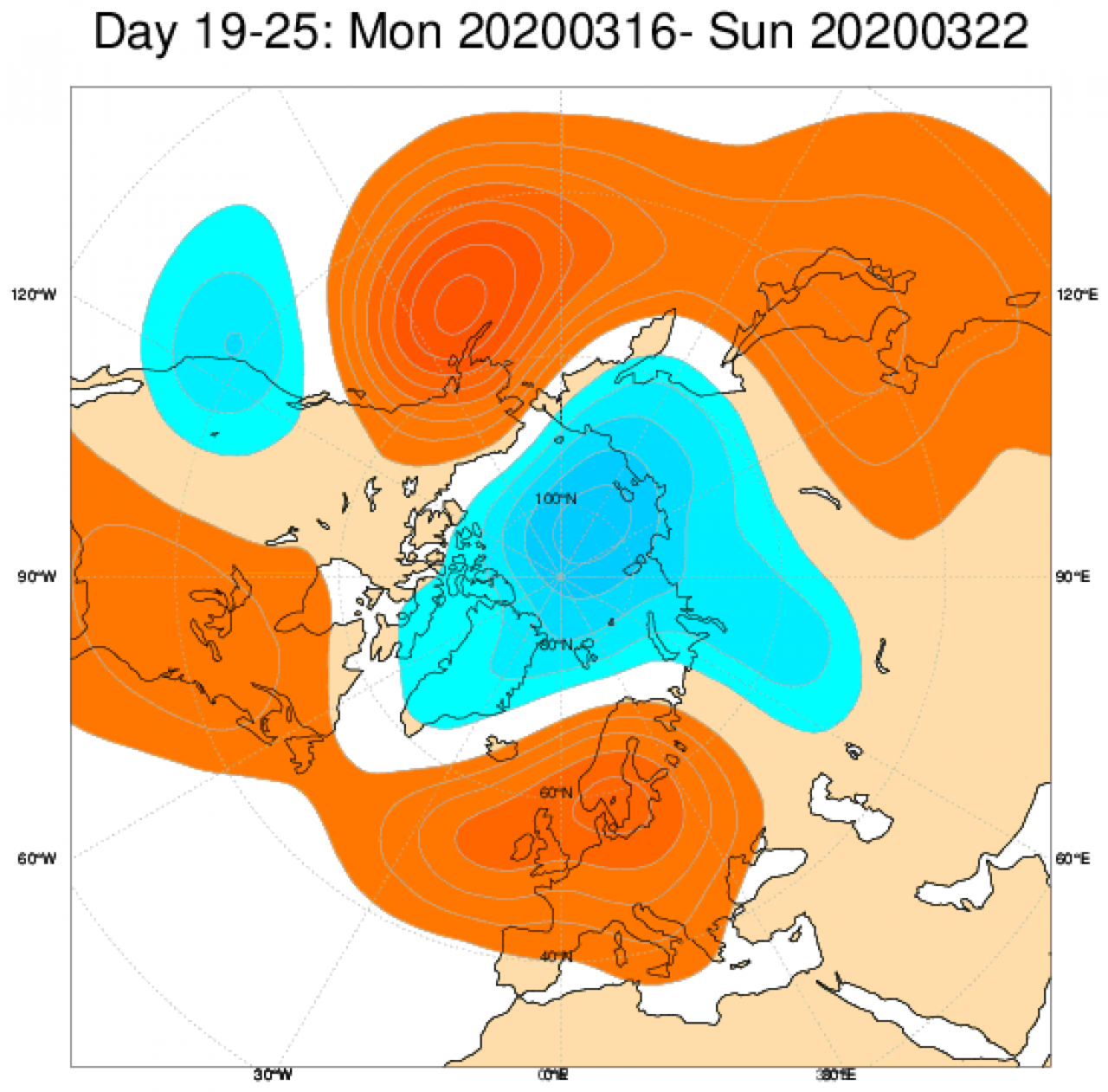 Media di ensemble del modello inglese ECMWF relativa all'anomalia di Altezza di Geopotenziale a 500 hPa (circa 5.500 metri) per il periodo 16-22 marzo 2020 