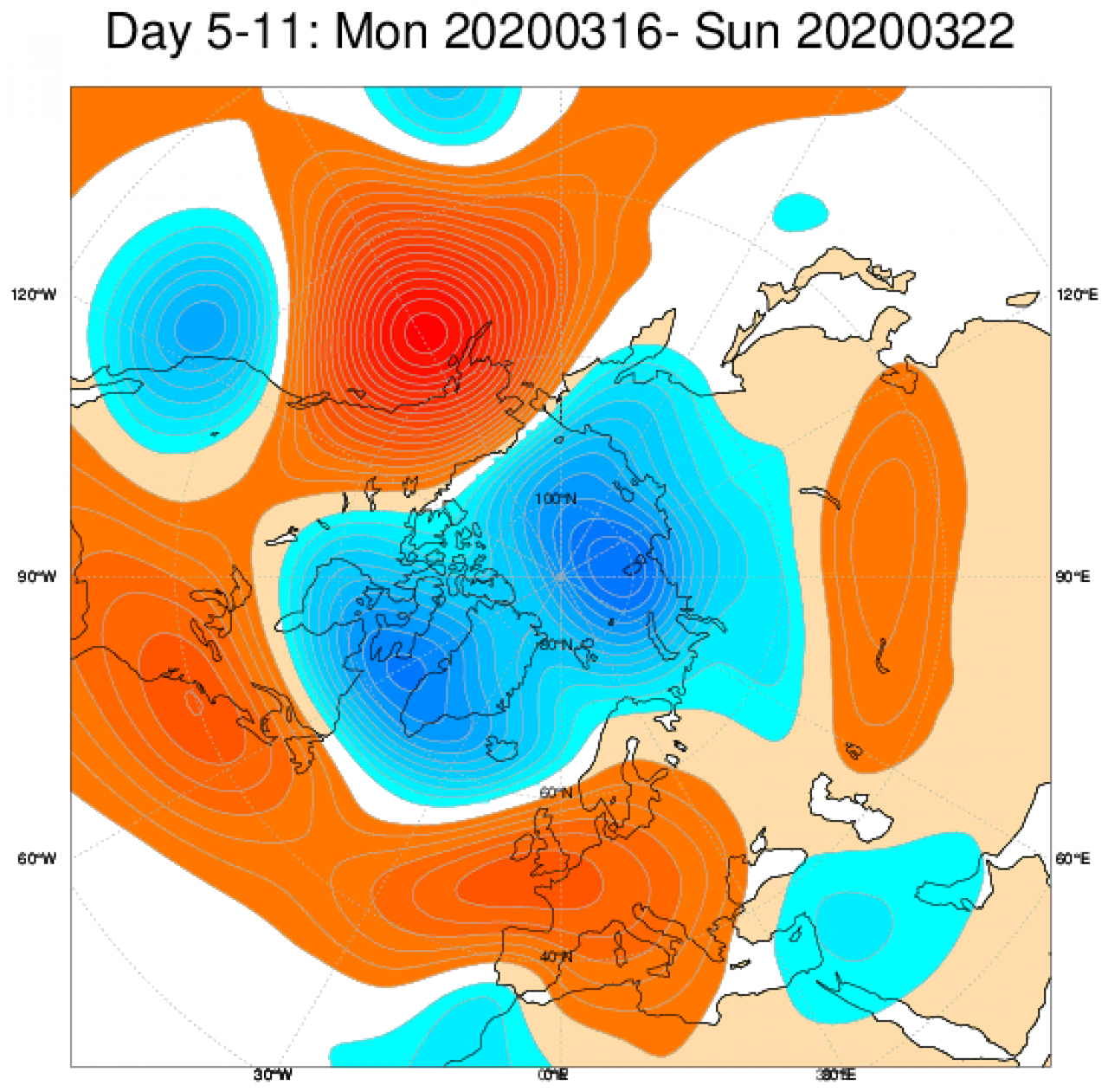 Media di ensemble del modello inglese ECMWF relativa all'anomalia di Altezza di Geopotenziale a 500 hPa (circa 5.500 metri) per il periodo 16-22 marzo 2020