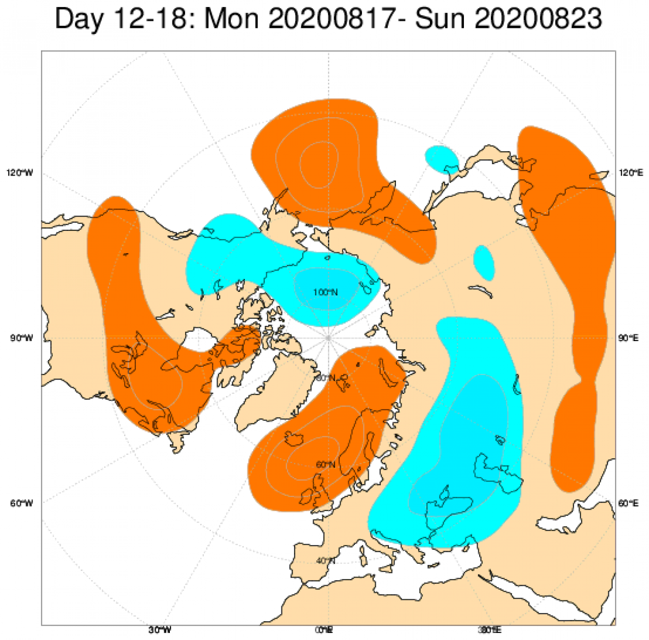 Media di ensemble del modello inglese ECMWF relativa all'anomalia di Altezza di Geopotenziale a 500 hPa (circa 5.500 metri) per il periodo 17-23 agosto 2020