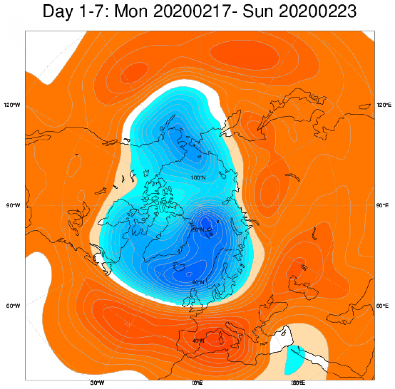 Media di ensemble del modello inglese ECMWF relativa all'anomalia di Altezza di Geopotenziale a 500 hPa (circa 5.500 metri) per il periodo 17-23 febbraio 2020