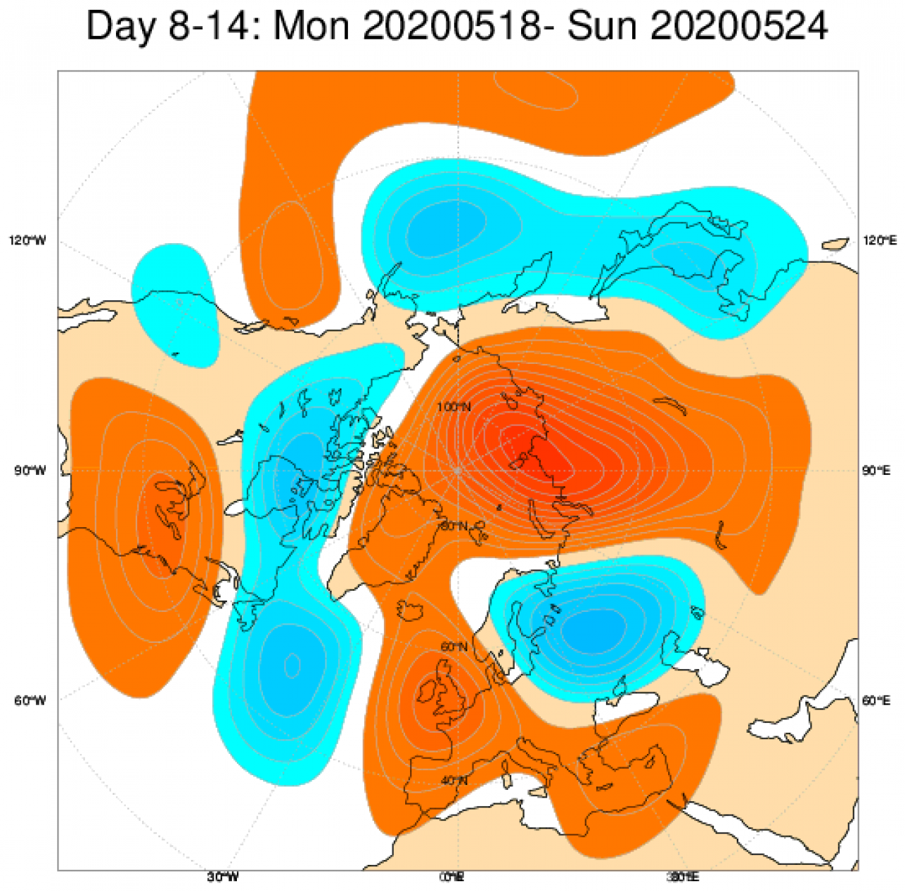 Media di ensemble del modello inglese ECMWF relativa all'anomalia di Altezza di Geopotenziale a 500 hPa (circa 5.500 metri) per il periodo 18-24 maggio 2020