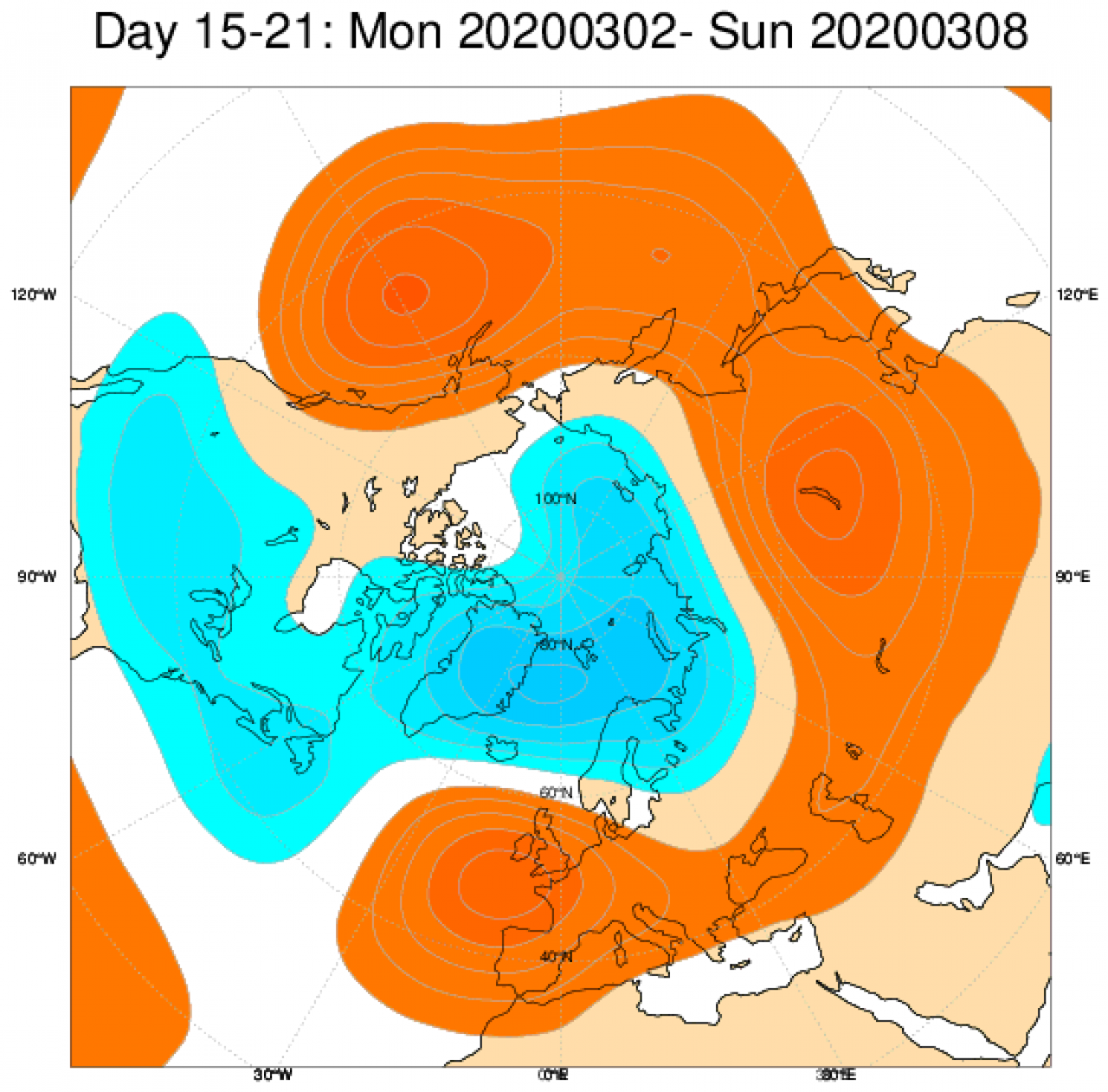 Media di ensemble del modello inglese ECMWF relativa all'anomalia di Altezza di Geopotenziale a 500 hPa (circa 5.500 metri) per il periodo 2-8 marzo 2020 