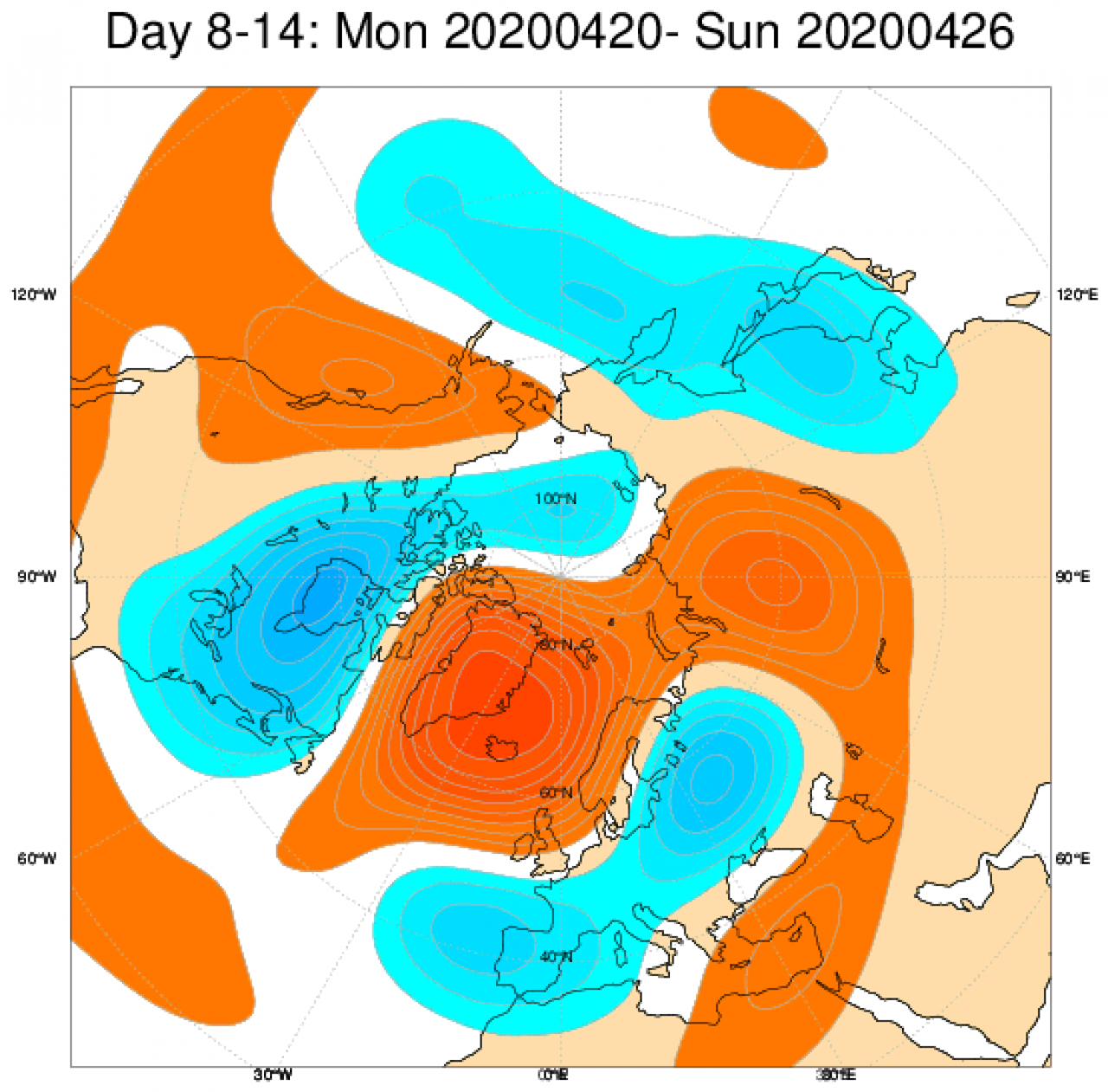 Media di ensemble del modello inglese ECMWF relativa all'anomalia di Altezza di Geopotenziale a 500 hPa (circa 5.500 metri) per il periodo 20-26 aprile 2020 