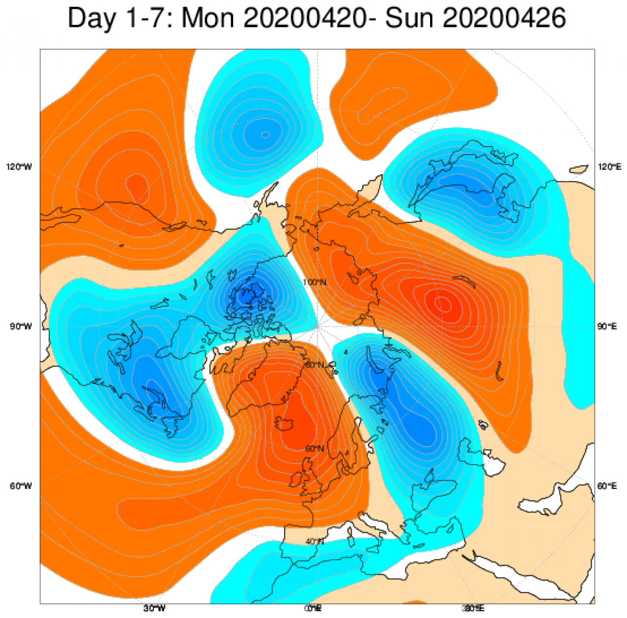 Media di ensemble del modello inglese ECMWF relativa all'anomalia di Altezza di Geopotenziale a 500 hPa (circa 5.500 metri) per il periodo 20-26 aprile 2020