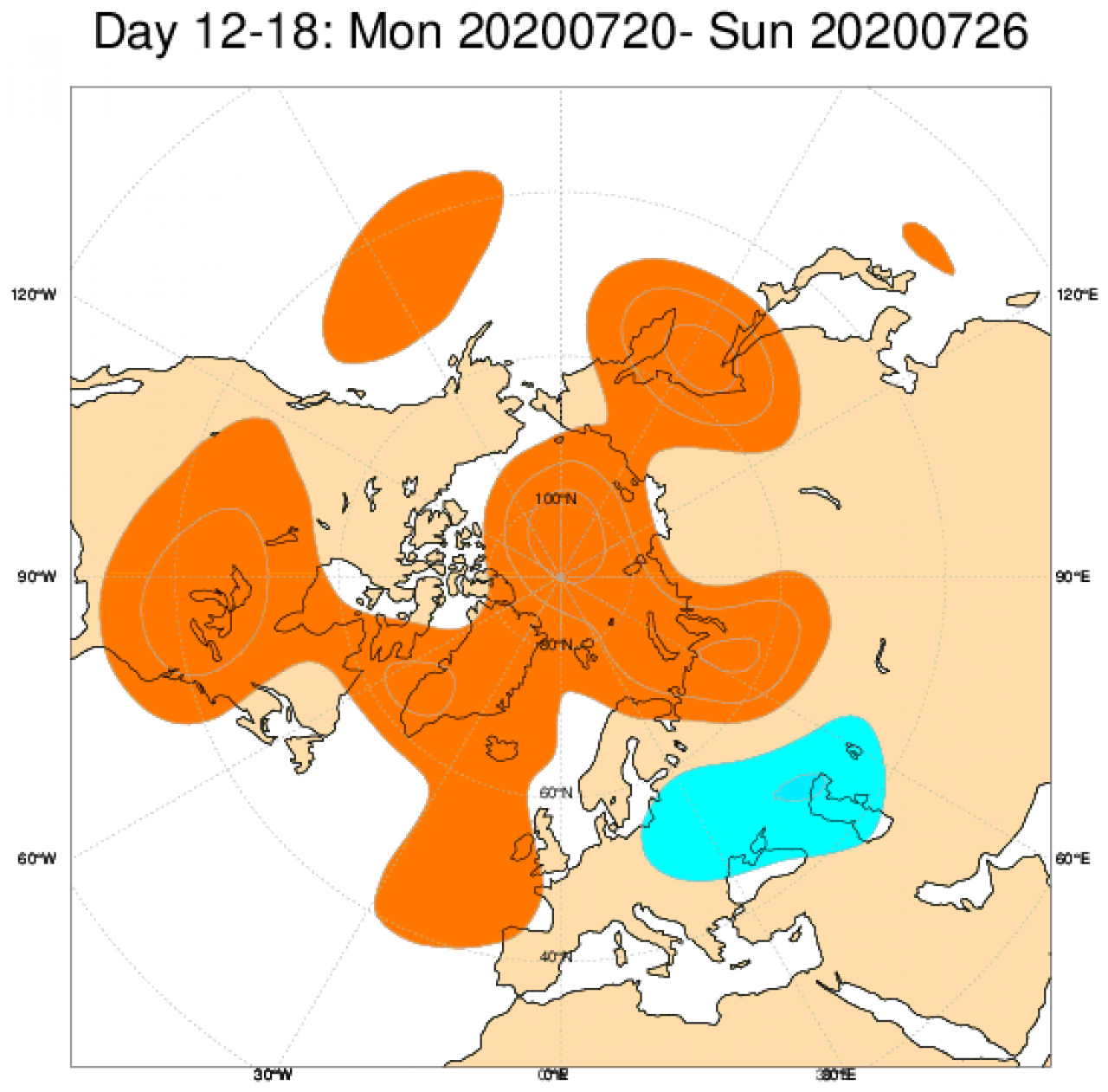 Media di ensemble del modello inglese ECMWF relativa all'anomalia di Altezza di Geopotenziale a 500 hPa (circa 5.500 metri) per il periodo 20-26 luglio 2020 