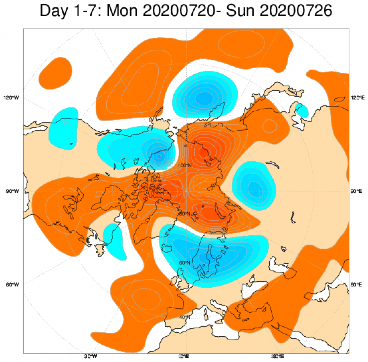 Media di ensemble del modello inglese ECMWF relativa all'anomalia di Altezza di Geopotenziale a 500 hPa (circa 5.500 metri) per il periodo 20-26 luglio 2020