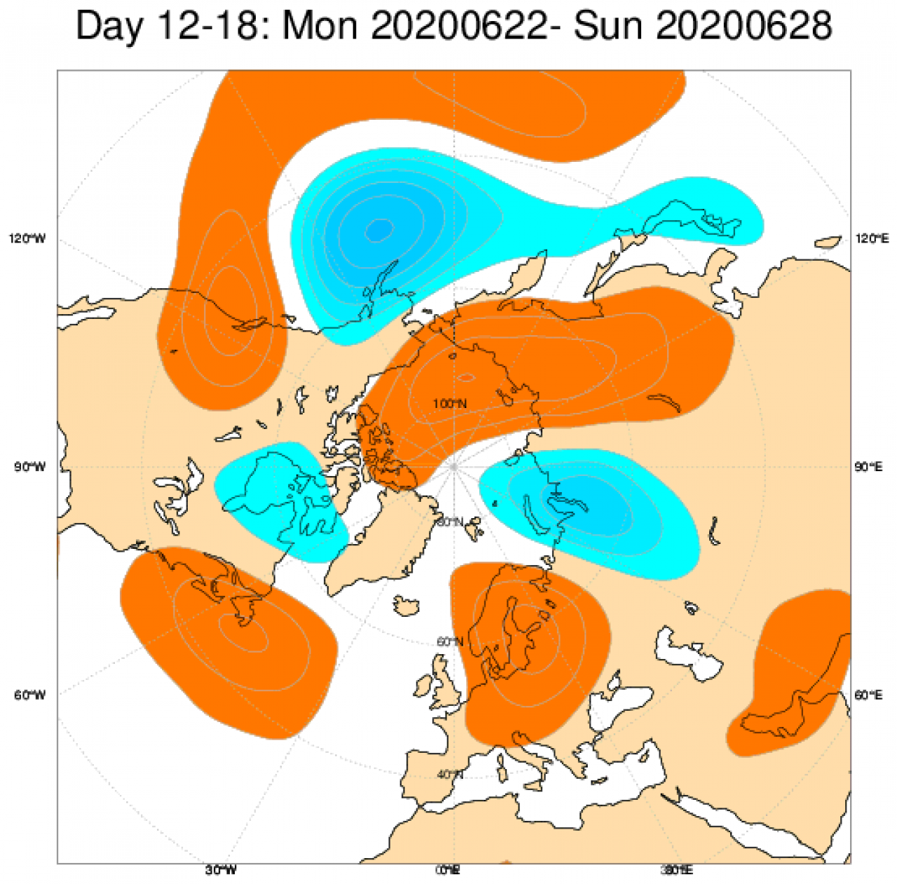 Media di ensemble del modello inglese ECMWF relativa all'anomalia di Altezza di Geopotenziale a 500 hPa (circa 5.500 metri) per il periodo 22-28 giugno 2020 