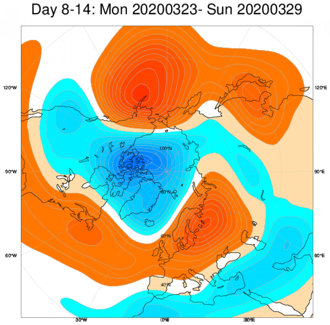 Media di ensemble del modello inglese ECMWF relativa all'anomalia di Altezza di Geopotenziale a 500 hPa (circa 5.500 metri) per il periodo 23-29 marzo 2020 