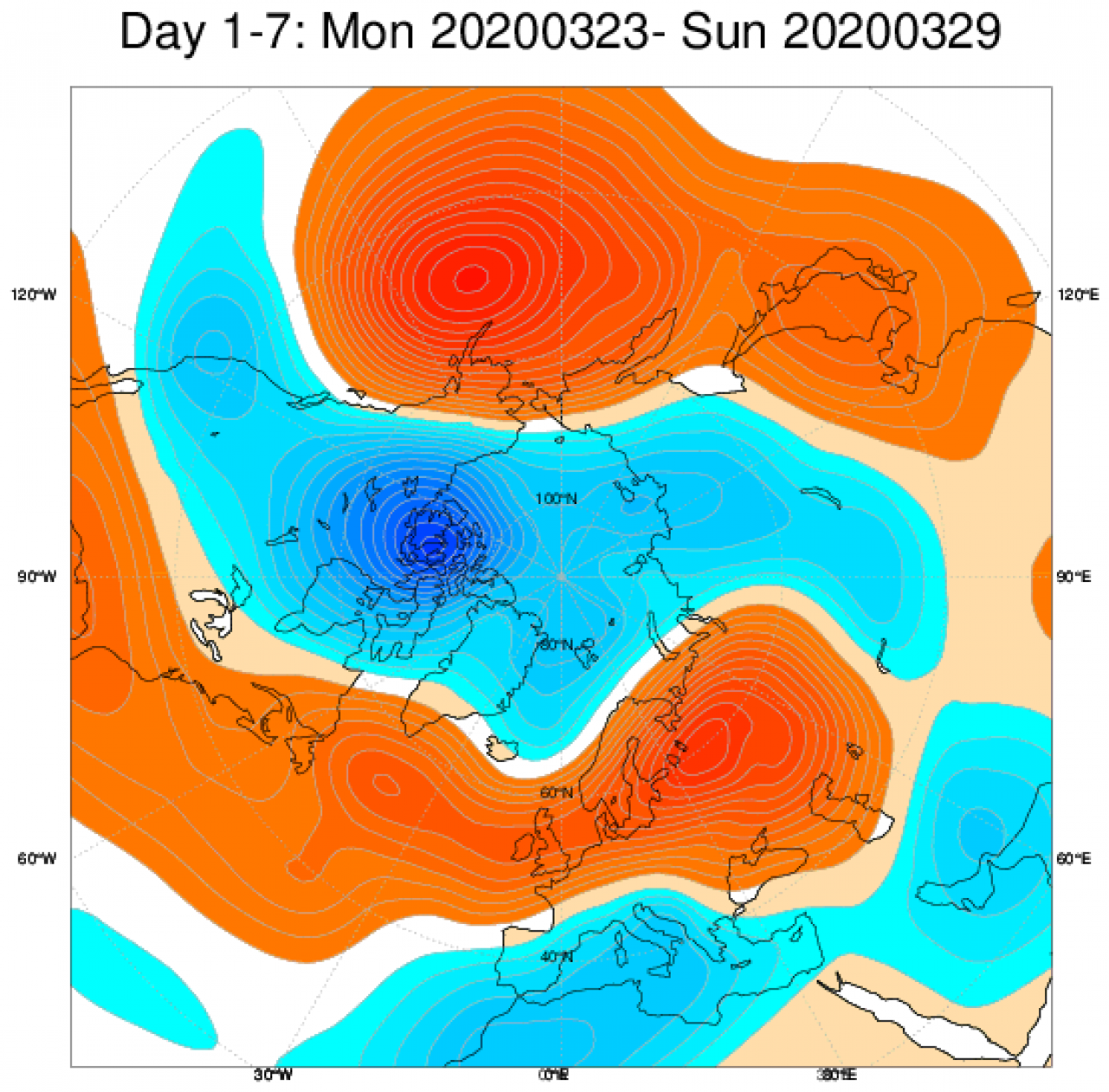 Media di ensemble del modello inglese ECMWF relativa all'anomalia di Altezza di Geopotenziale a 500 hPa (circa 5.500 metri) per il periodo 23-29 marzo 2020