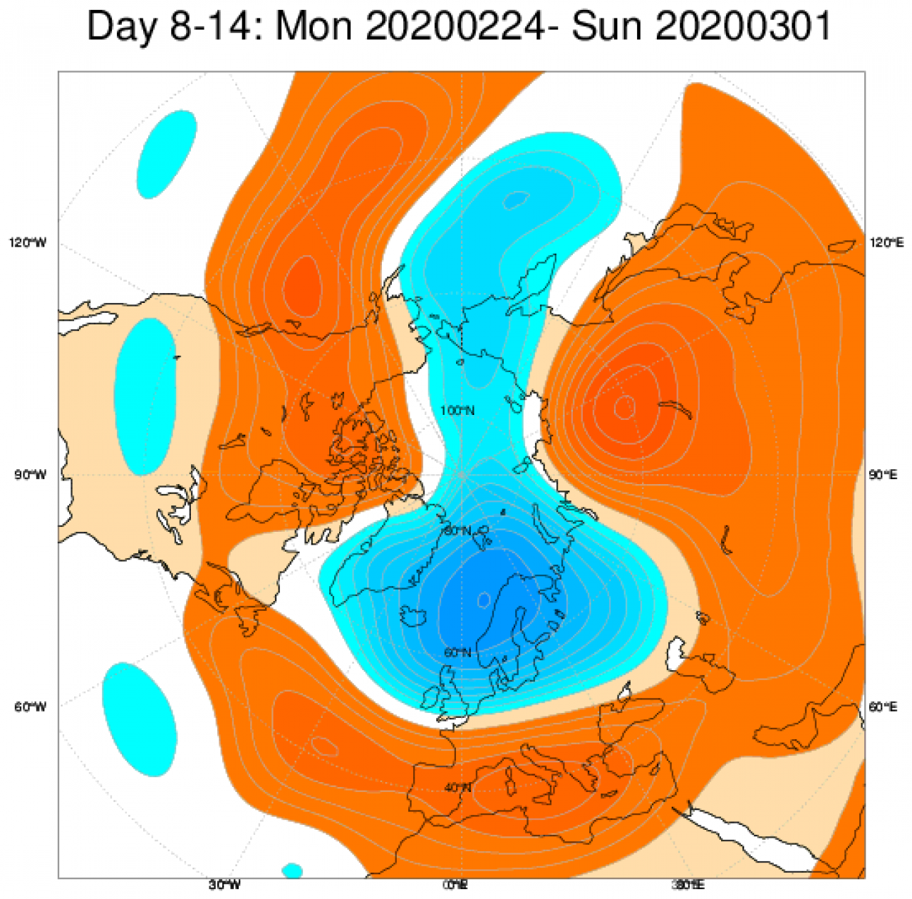 Media di ensemble del modello inglese ECMWF relativa all'anomalia di Altezza di Geopotenziale a 500 hPa (circa 5.500 metri) per il periodo 24 febbraio - 1 marzo 2020