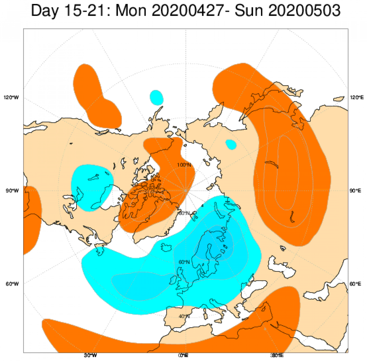 Media di ensemble del modello inglese ECMWF relativa all'anomalia di Altezza di Geopotenziale a 500 hPa (circa 5.500 metri) per il periodo 27 aprile - 3 maggio 2020 