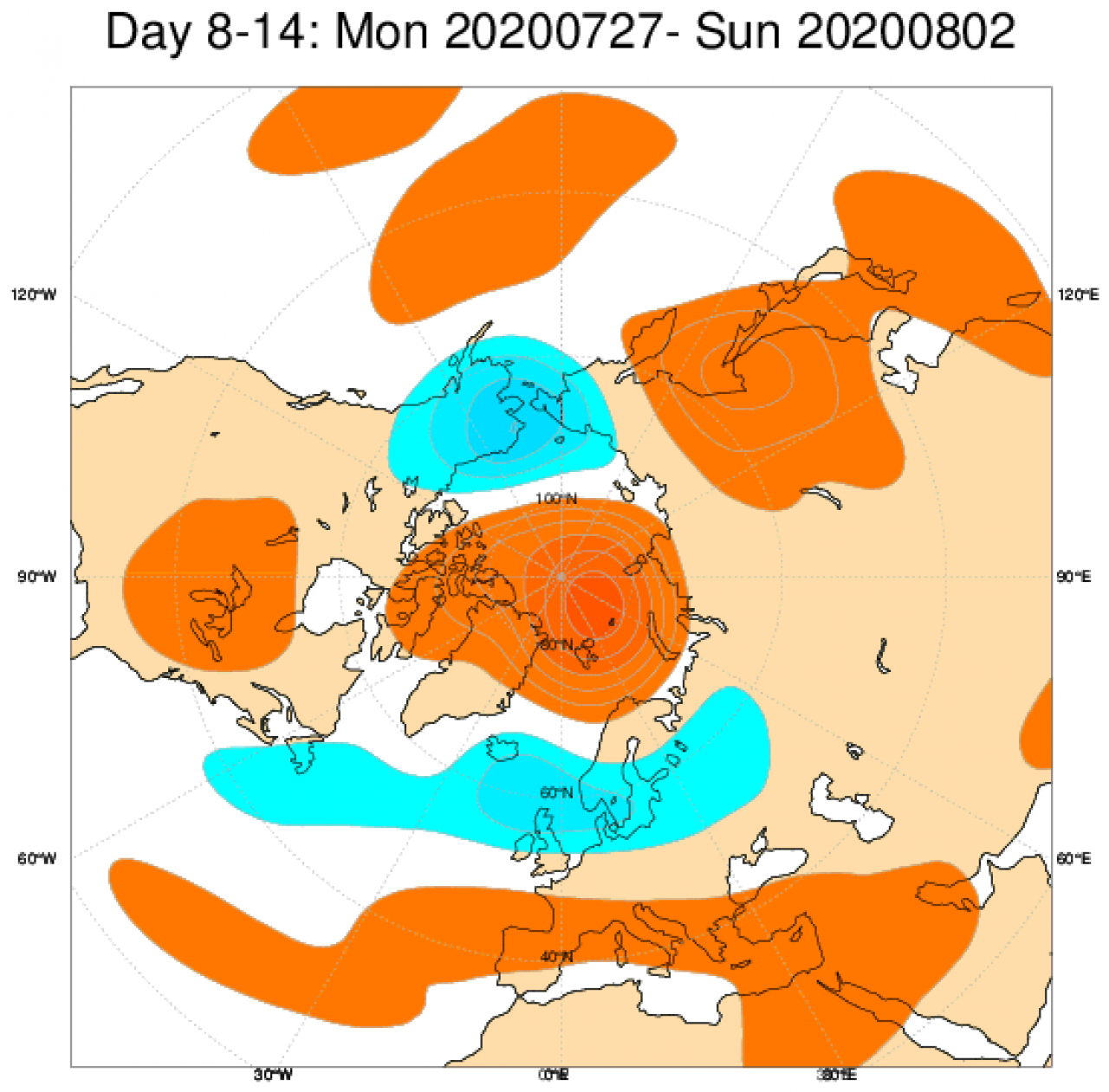Media di ensemble del modello inglese ECMWF relativa all'anomalia di Altezza di Geopotenziale a 500 hPa (circa 5.500 metri) per il periodo 27 luglio - 2 agosto 2020 