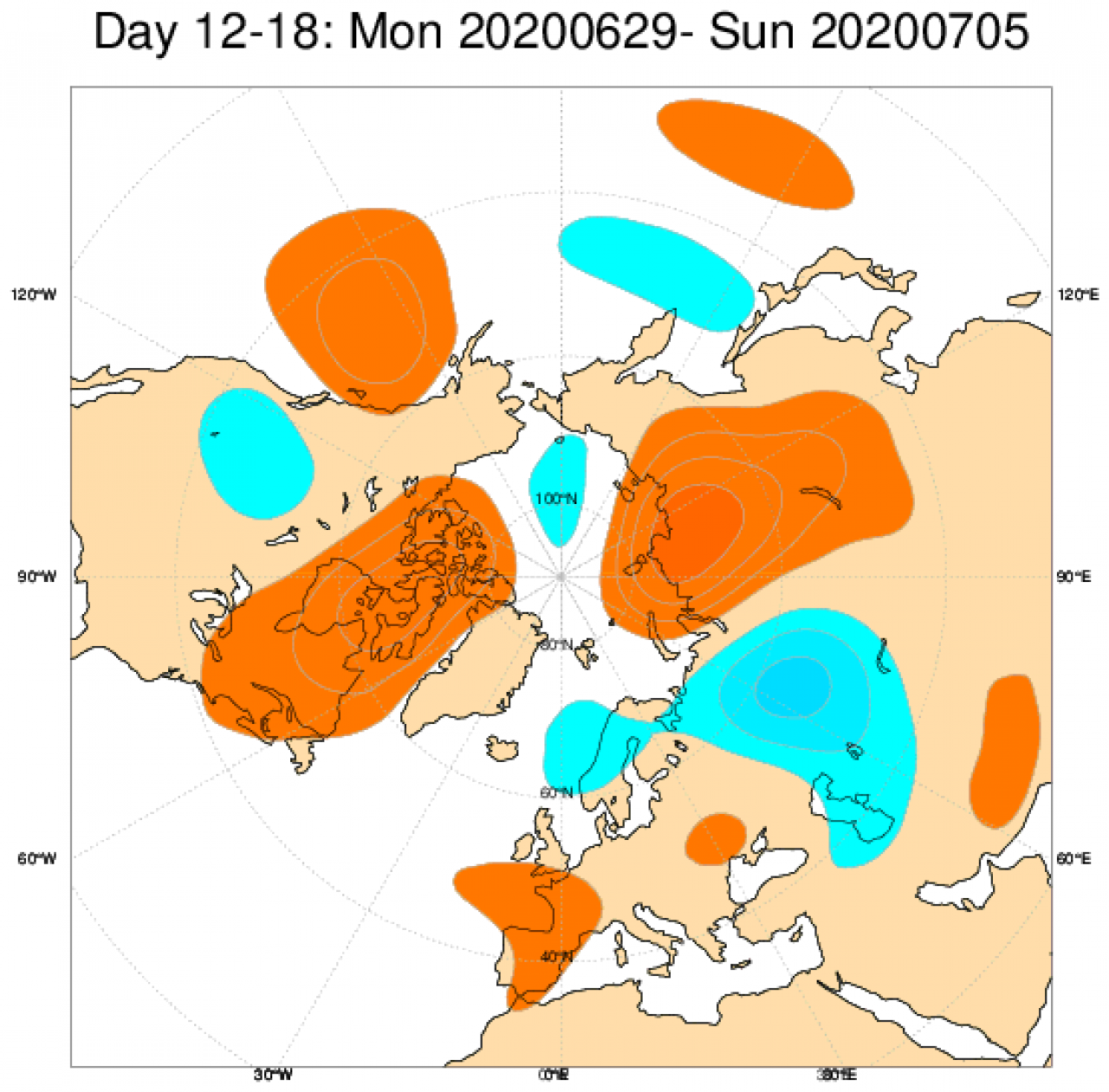 Media di ensemble del modello inglese ECMWF relativa all'anomalia di Altezza di Geopotenziale a 500 hPa (circa 5.500 metri) per il periodo 29 giugno - 5 luglio 2020 